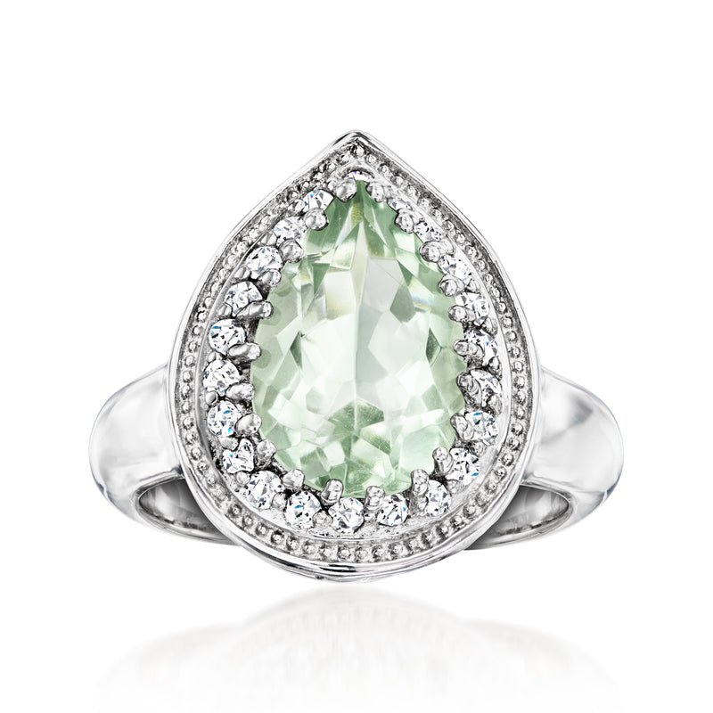 Sterling silver pear-shaped prasiolite ring with round white topaz halo
