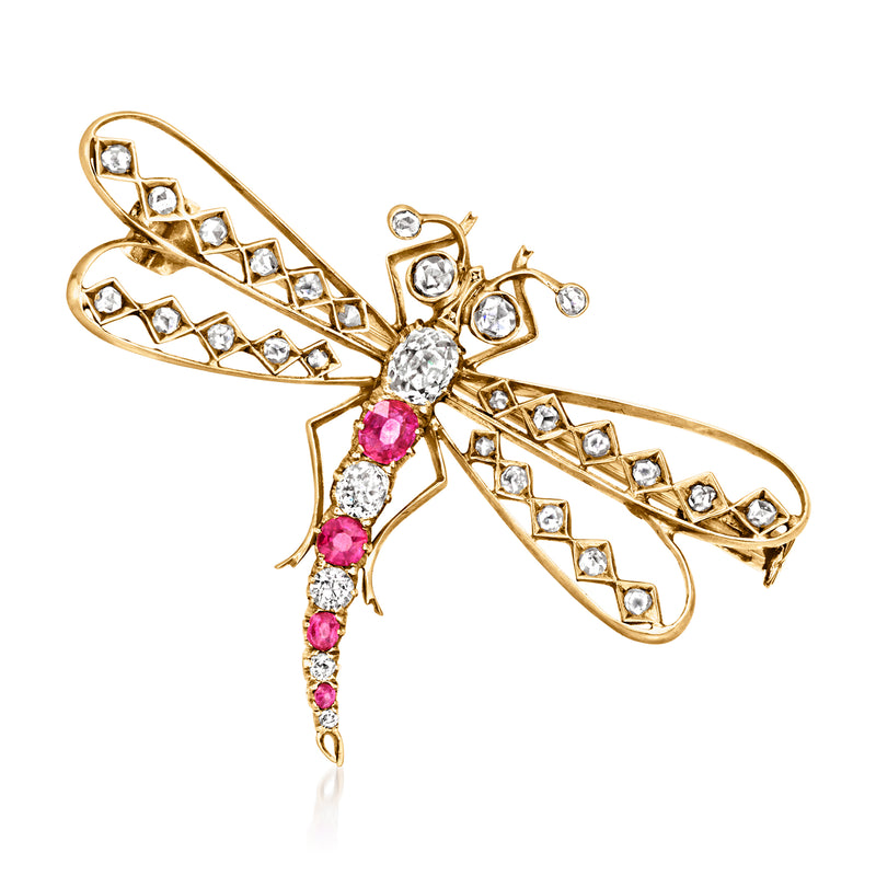 15kt yellow gold dragonfly pin with clear diamonds and pink ruby stones