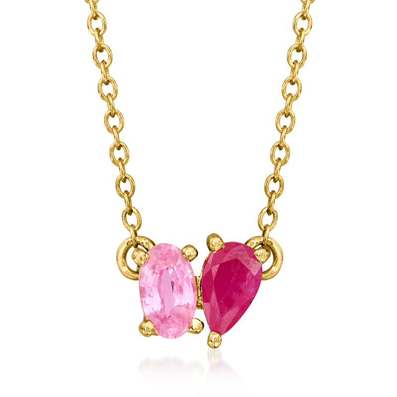 14kt yellow gold toi et moi necklace with pear pink and oval ruby gemstones