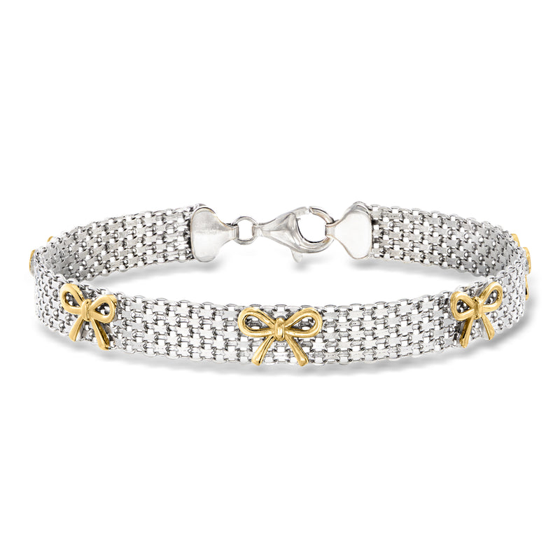 Sterling silver mesh bracelet with 18kt gold bow accents and toggle clasp