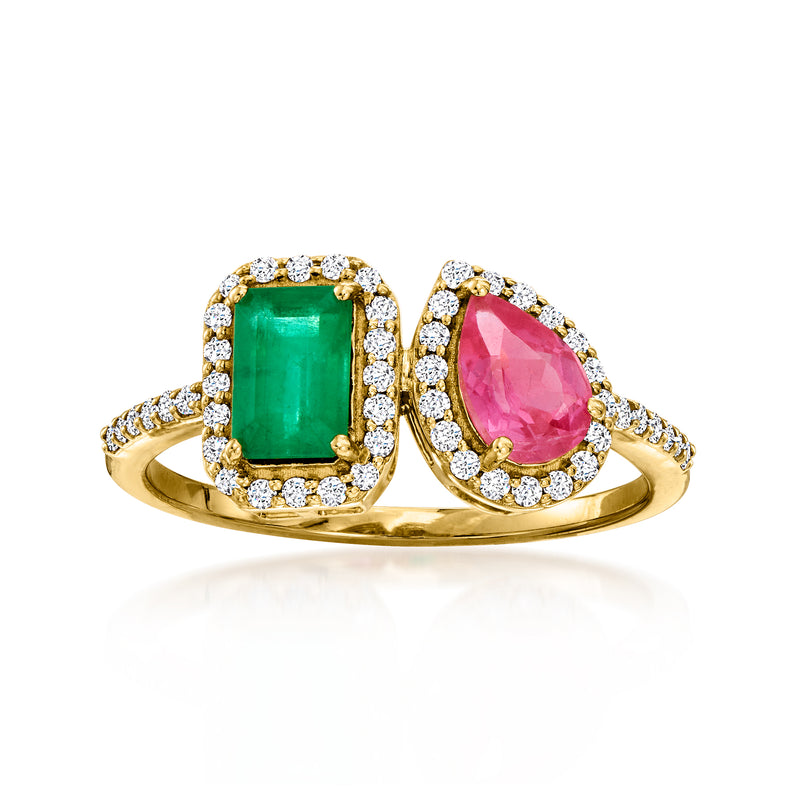 14kt yellow gold toi et moi ring with green emerald and pink sapphire, diamond halo