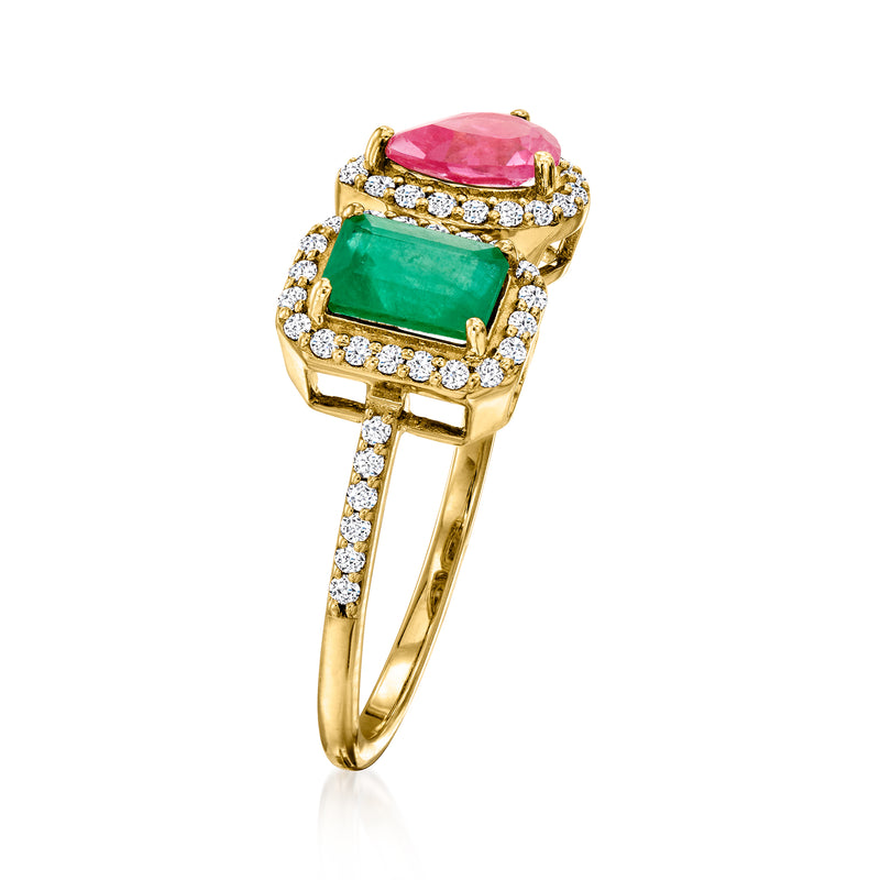 14kt yellow gold toi et moi ring with stacked green and pink gemstones, diamond accents