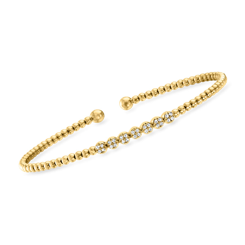 14kt yellow gold diamond bead cuff bracelet with round stone row