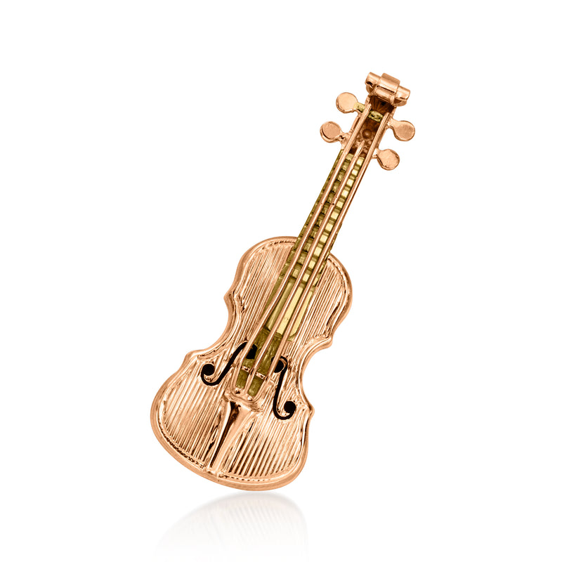 18kt yellow gold violin pin with detailed strings and tuning pegs