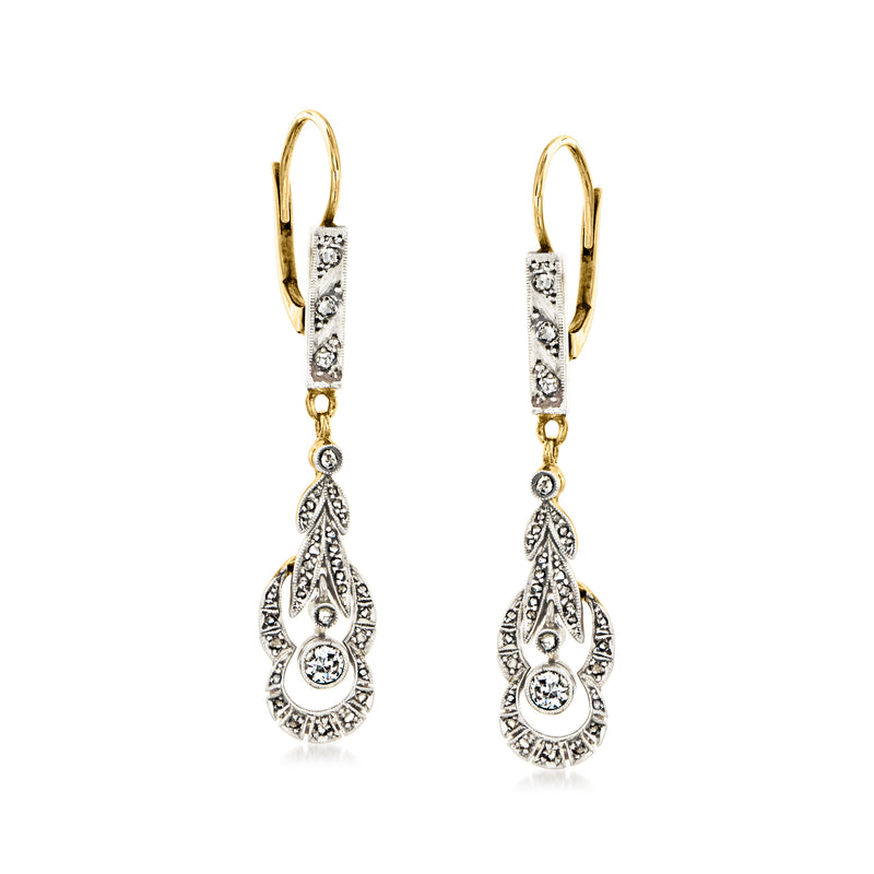 Vintage diamond drop leverback earrings, yellow gold with platinum settings and teardrop motifs