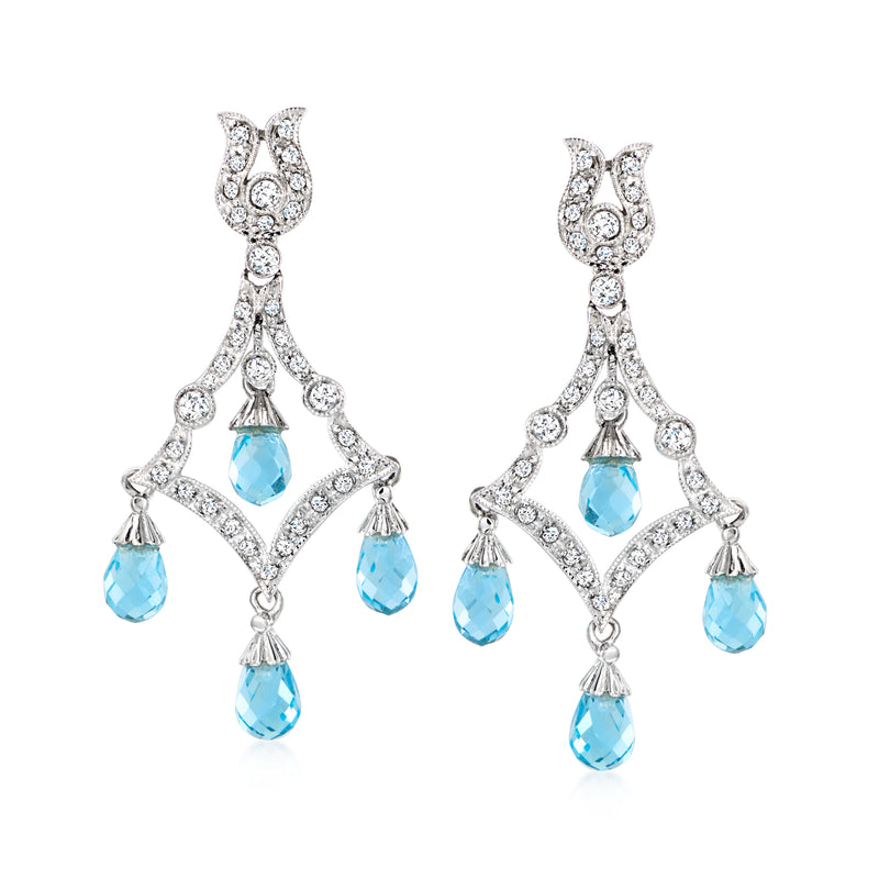 18kt white gold post chandelier earrings with blue topaz drops and diamond accents