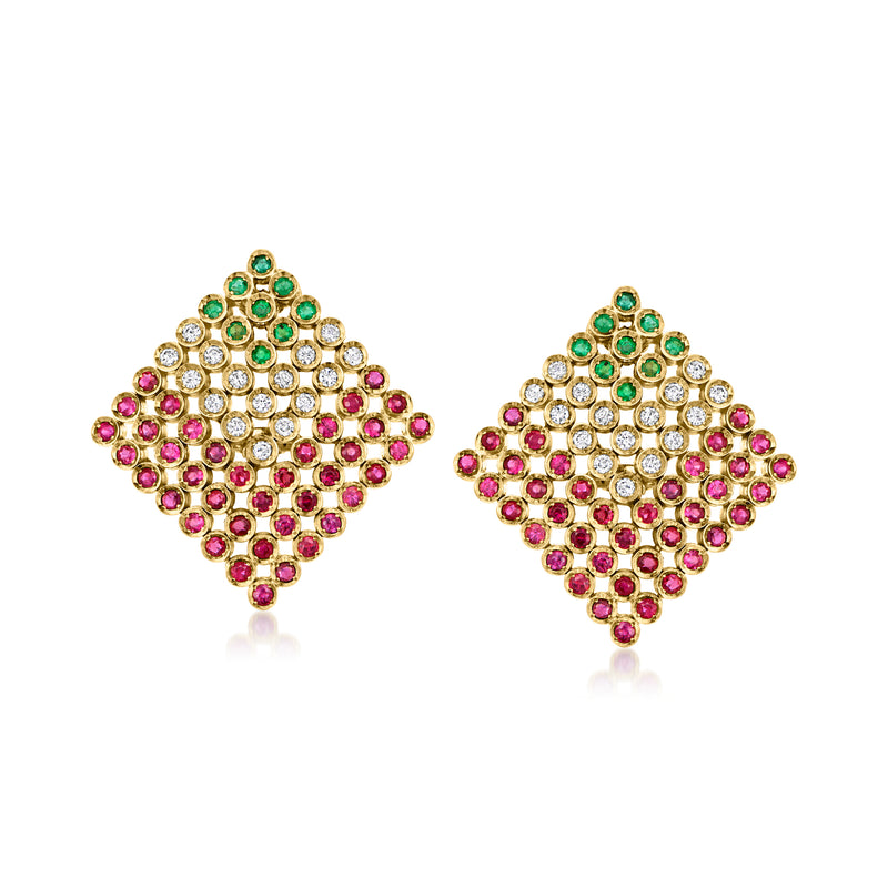 Geometric gold earrings with ruby, diamond, and emerald stones