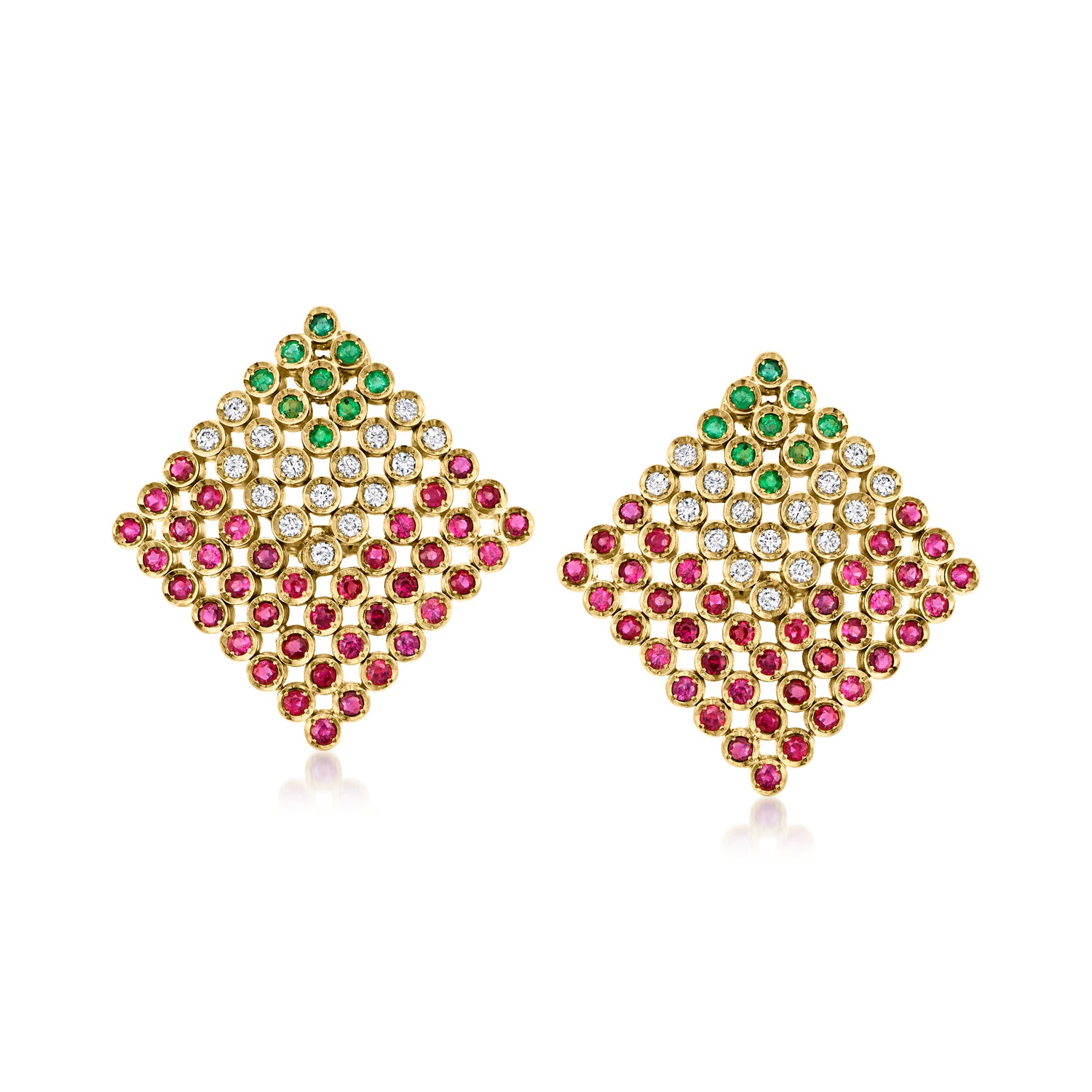 C. 1990 Vintage 2.35 ct. t.w. Ruby, .65 ct. t.w. Diamond and .40 ct. t.w. Emerald Geometric Earrings in 18kt Yellow Gold
