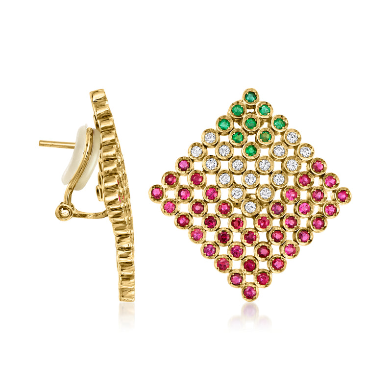 Geometric 18kt yellow gold earrings with ruby, diamond, and emerald accents