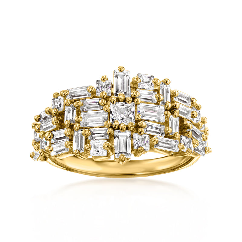 Gold-tone CZ cluster ring with multi-shaped baguette stones