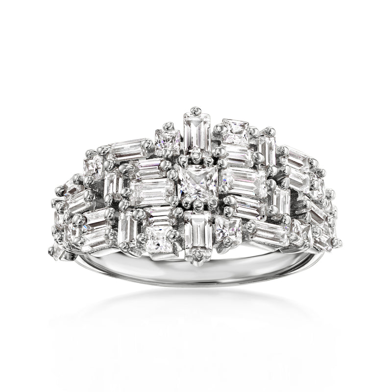 Sterling silver CZ cluster ring with multi-shaped clear stones, wide band