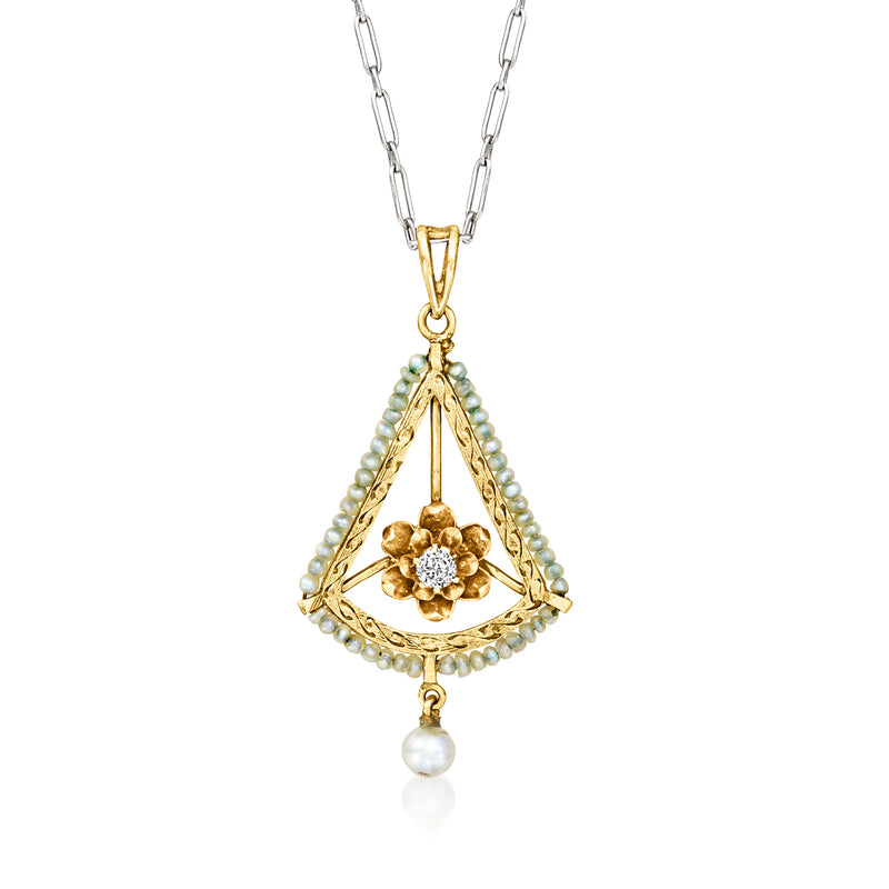 Vintage yellow gold pendant necklace with pearl seedwork, diamond flower, dangling pearl
