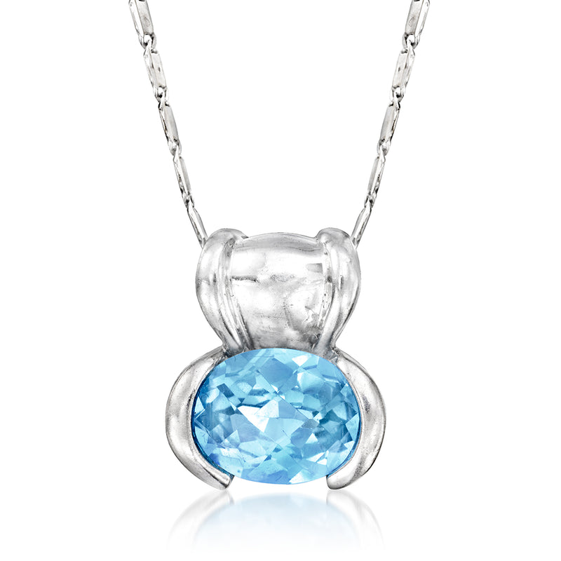 14kt white gold pendant necklace with oval Swiss blue topaz in scalloped bezel