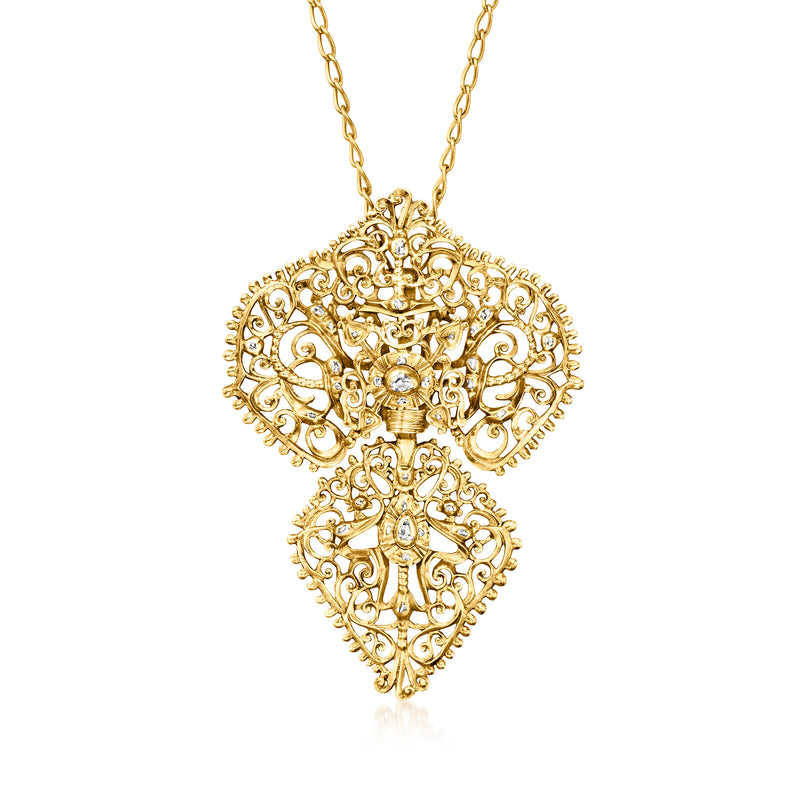 Vintage yellow gold diamond filigree pendant necklace, heart-shaped openwork with round stones