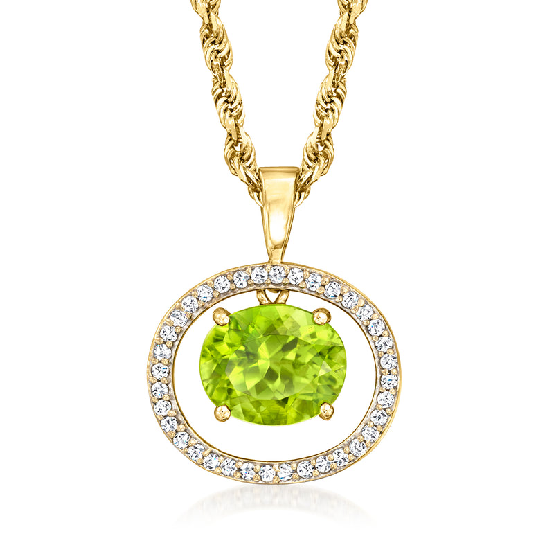 10kt yellow gold pendant necklace with oval green peridot and diamond halo