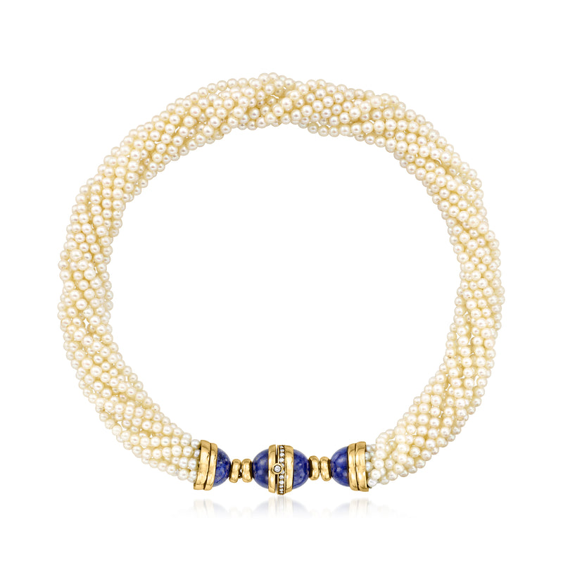 Vintage pearl necklace with blue lapis spacers and gold accents