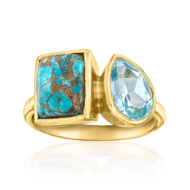 Gold-tone Toi et Moi ring with turquoise square and sky-blue oval gemstones