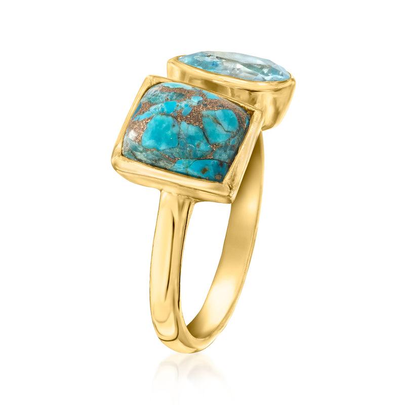 Gold-tone Toi et Moi ring with turquoise square stone and sky-blue oval stone