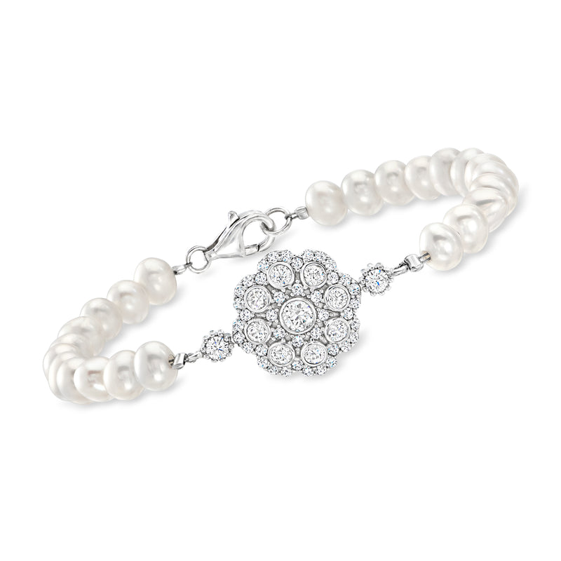 Cultured pearl and white topaz sterling silver bracelet with clustered center stone