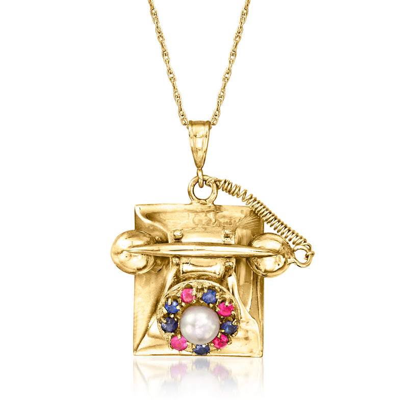 Vintage 14kt yellow gold telephone pendant necklace with pink and blue gemstones