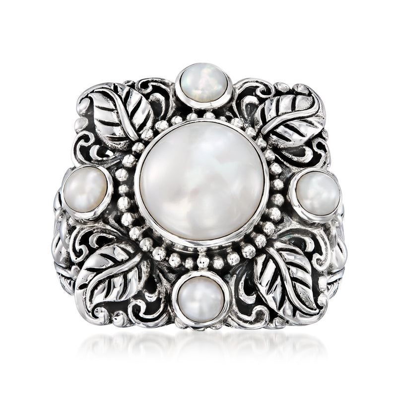 Sterling silver Bali-style floral ring with large center and small round white cultured pearls