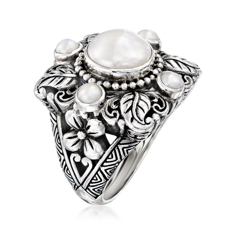 Sterling silver Bali-style floral ring with large center white cultured pearl and side round pearls