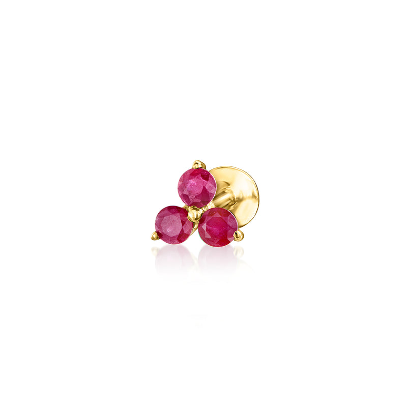 Ruby stud earrings in 14kt yellow gold with three pink round gemstones, flat-back