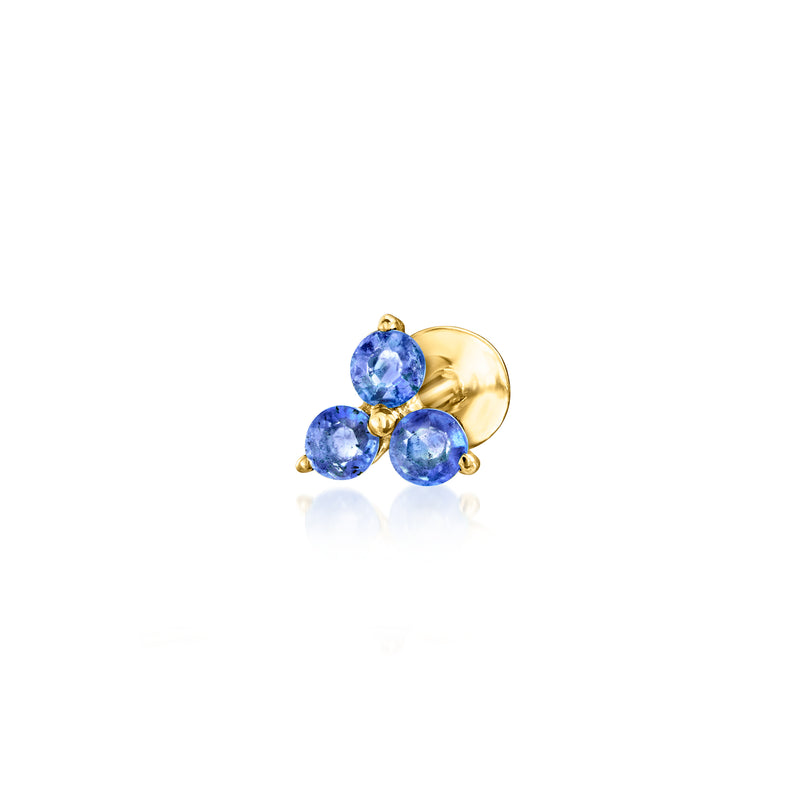 14kt yellow gold sapphire stud earring with two round blue stones