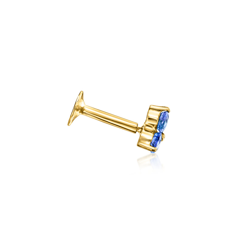 14kt yellow gold sapphire stud earring, side view with blue round stone
