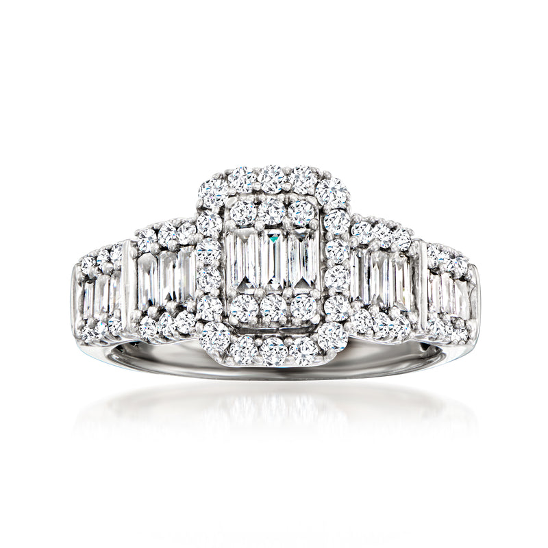 14kt white gold diamond ring with baguette and round stones, vintage halo style