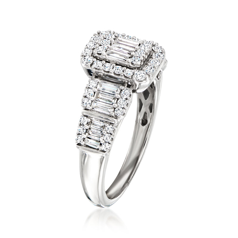 White gold diamond ring with baguette clusters and round stone accents