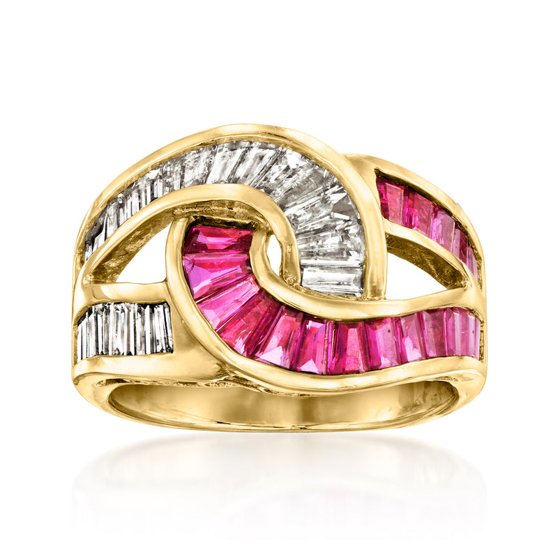 18kt yellow gold swirl ring with pink-red ruby center and baguette diamond accents