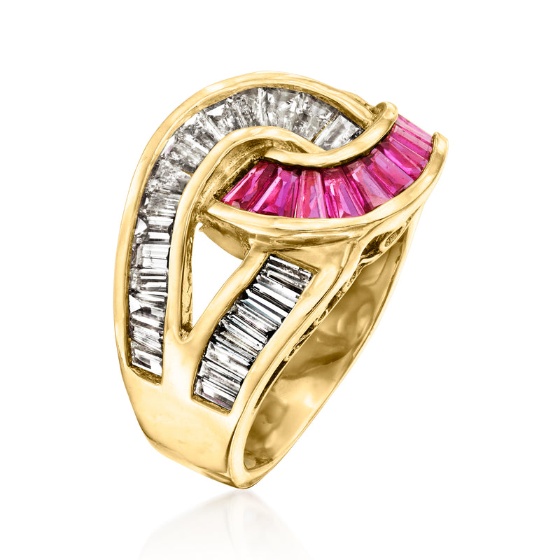 18kt yellow gold swirl ring with pink-red ruby and baguette diamonds in arched setting