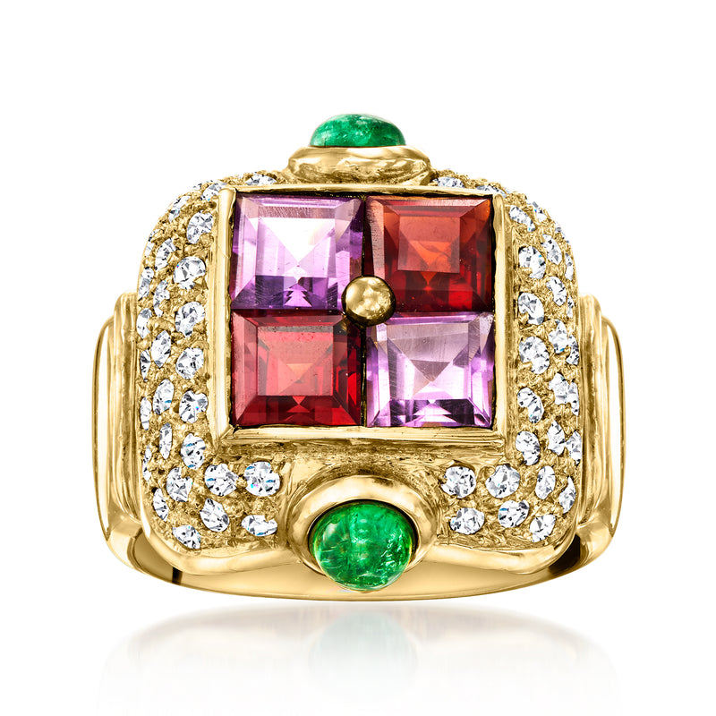 18kt yellow gold ring with square purple, red, and green gems plus diamond border