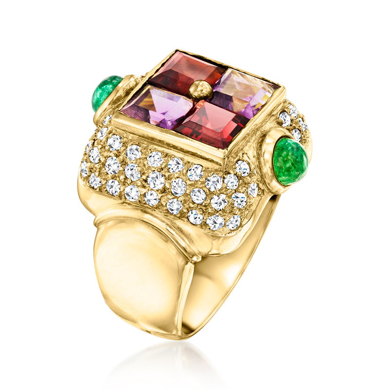 Vintage 18kt yellow gold ring with multigem top, diamonds, and green side stones