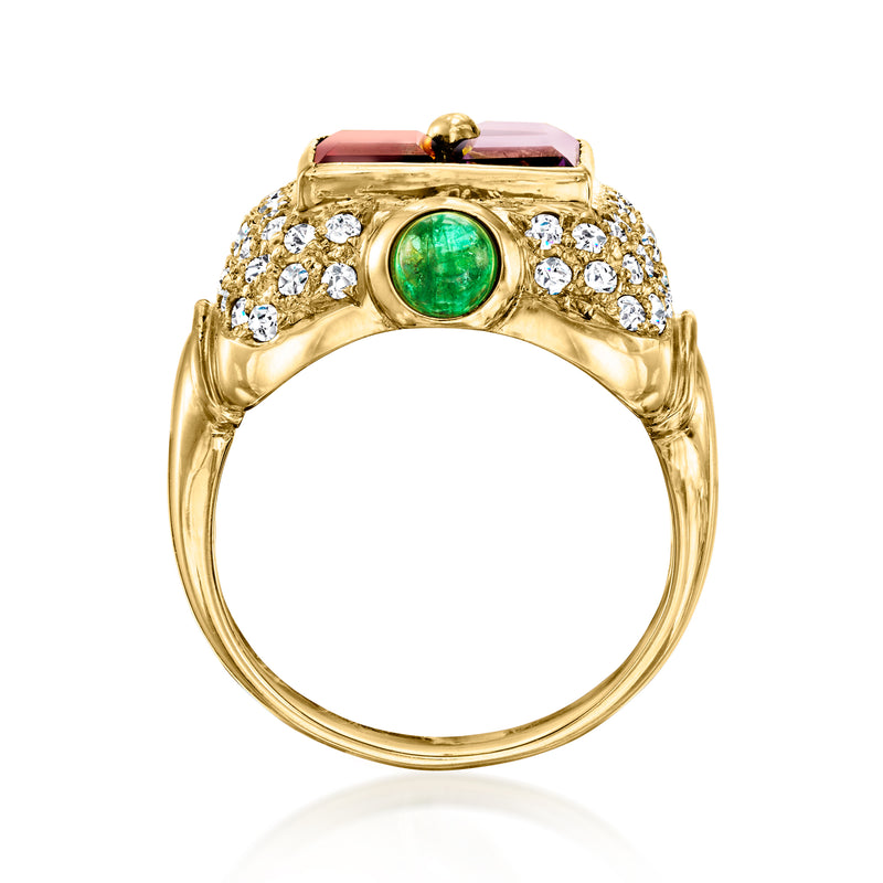 18kt yellow gold ring with round green center gem, square pink top stone, diamond halo