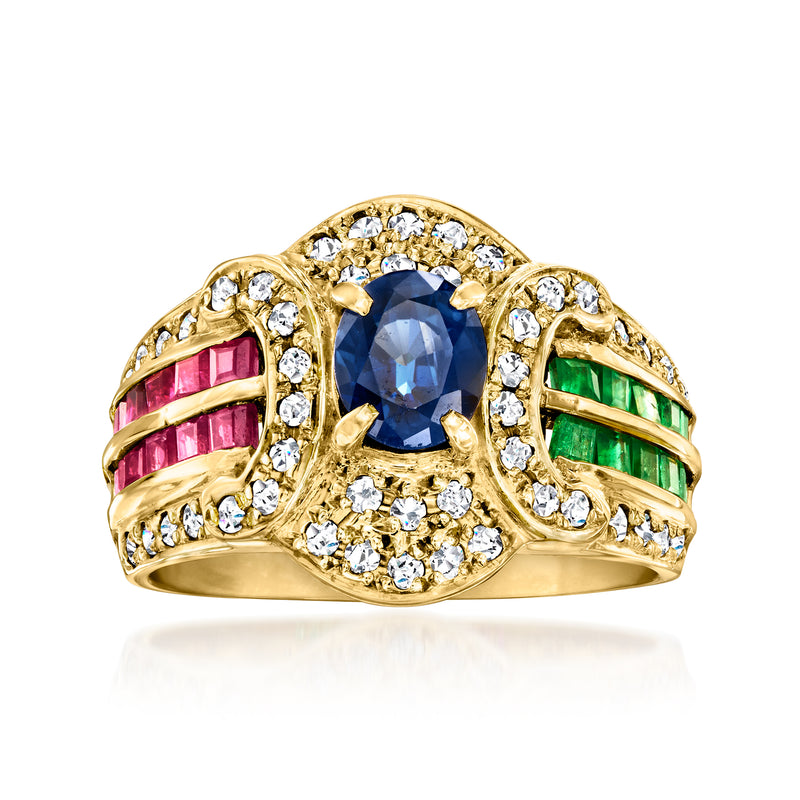 18k yellow gold vintage ring with blue oval center, diamond halo, red and green gems