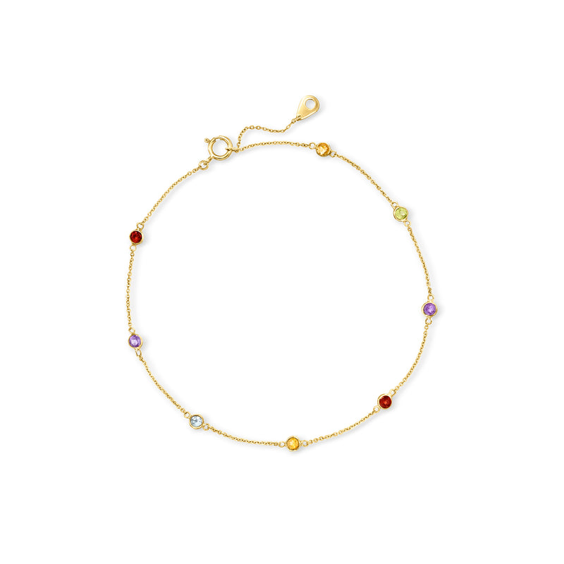 14kt yellow gold multi-gemstone station anklet with small round colored beads