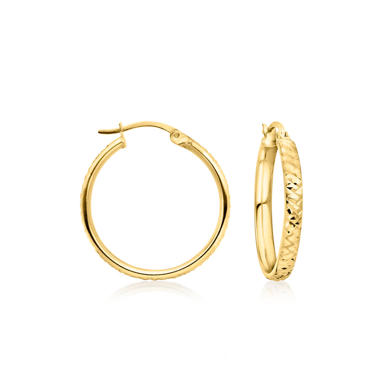 Gold over sterling flat hoop earrings with diamond-cut texture, round open hoops