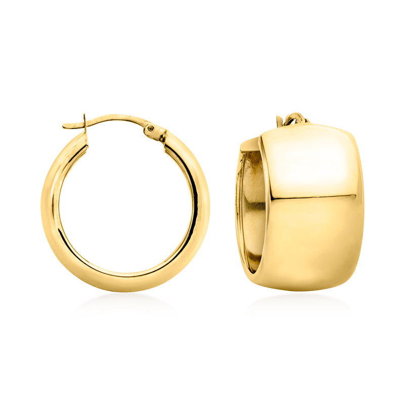 Gold hoop earrings, rounded hinged hoops with post-and-hook clasp