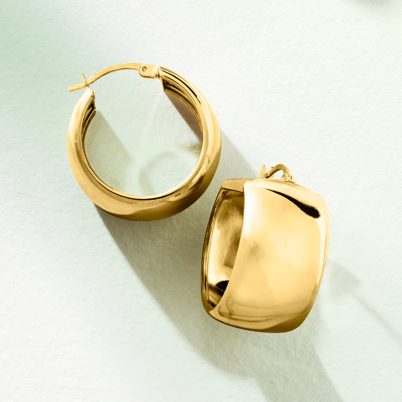 Gold hoop earrings set, shiny rounded hoops with hinge and latch clasp