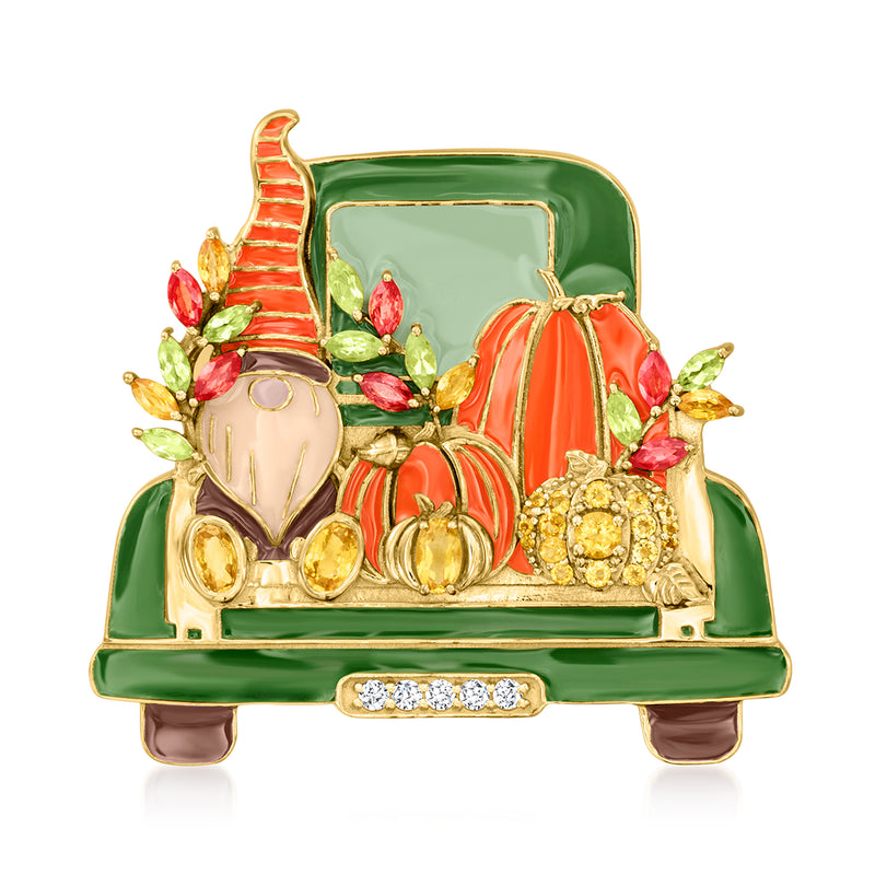 Gold-tone enamel gnome in a truck pin with multicolored gems and gold details