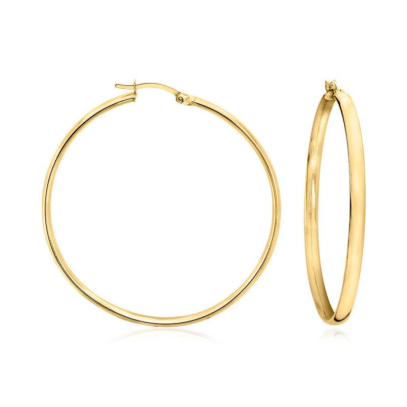 Gold over sterling flat hoop earrings, hinged with small stud posts