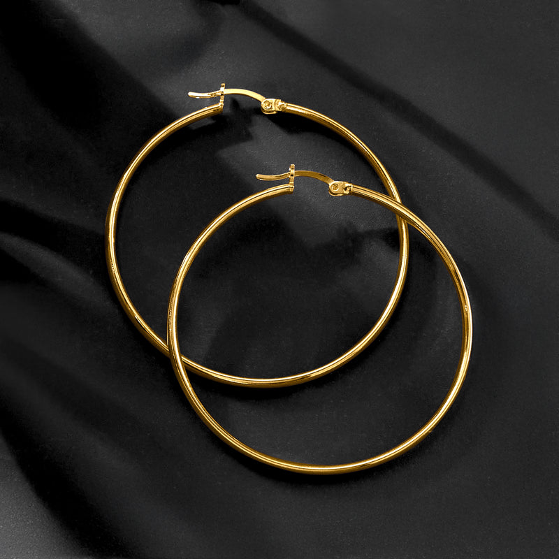 Gold over sterling hoop earrings set, two flat hoops with hinge clasps