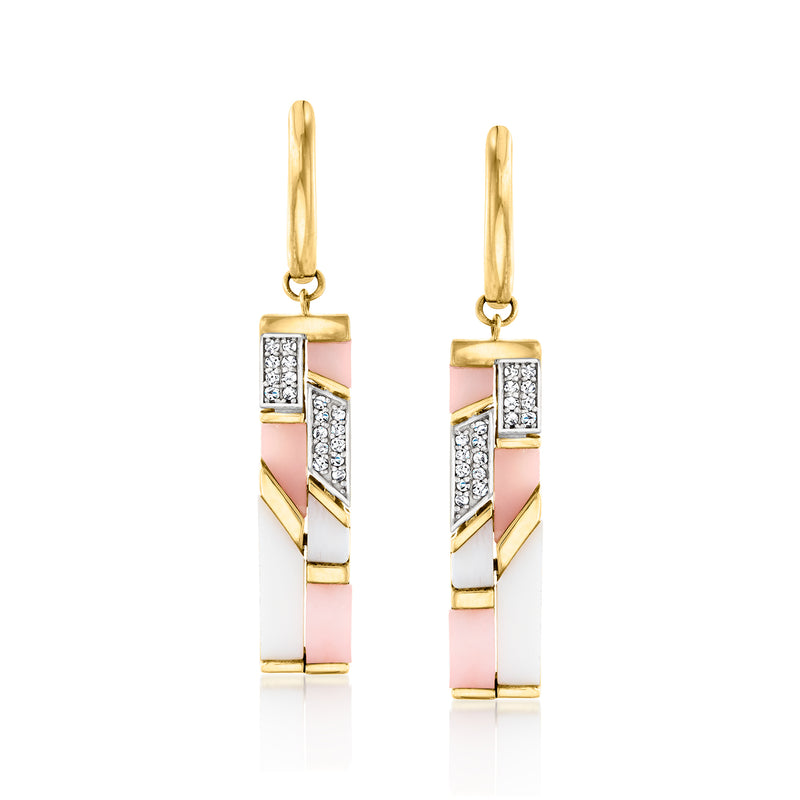 Gold drop earrings with pink and white geometric panels and sparkling pave accents