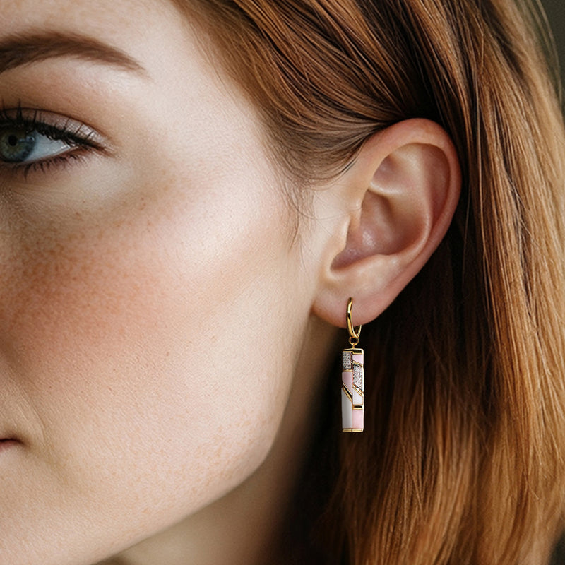 Gold drop earrings with pink-and-white geometric panels and small sparkling stones