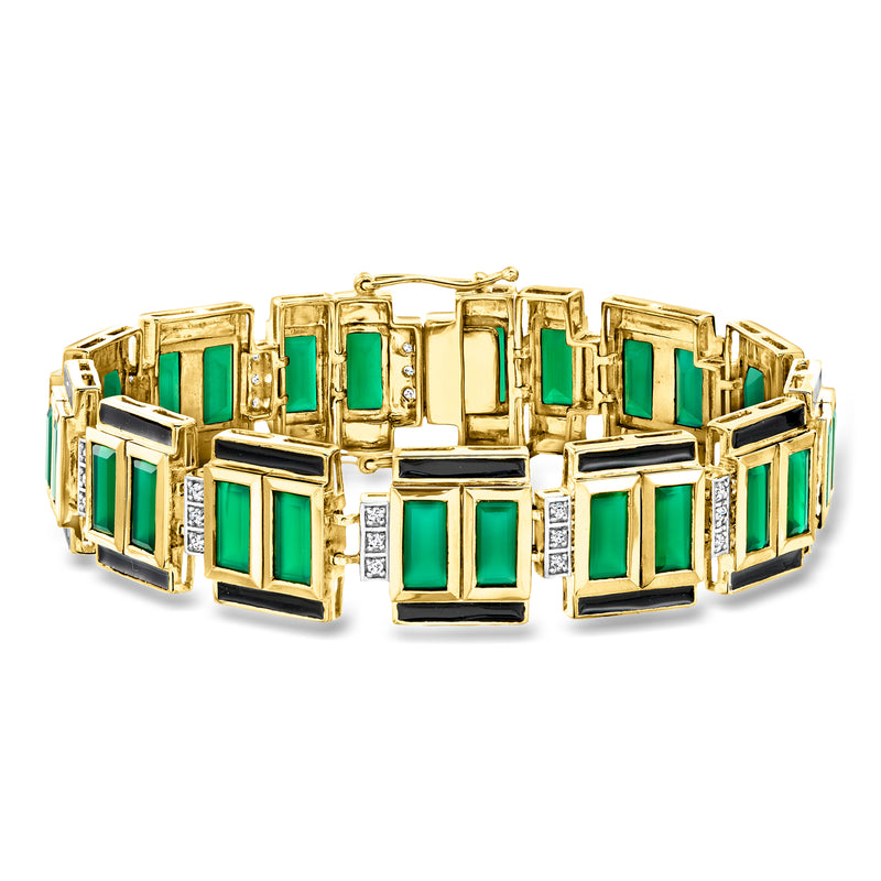 Gold bracelet with green square stones, black enamel accents, and clear white gems