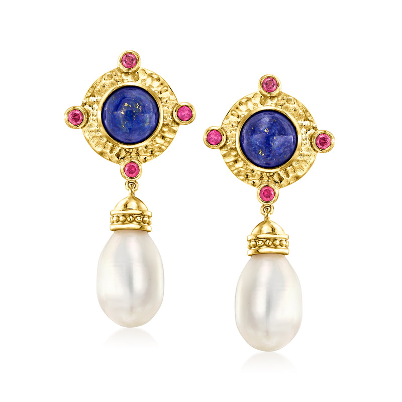 Gold-tone drop earrings with round blue lapis center, pink gemstones, and white pearl drops