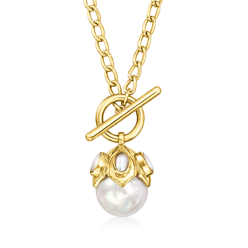 Gold toggle necklace with large cultured pearl pendant on a gold chain