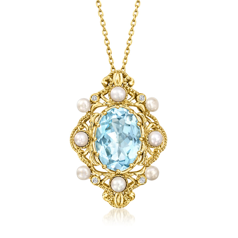 18kt gold over sterling pendant necklace with oval sky-blue gemstone, pearls and zircons